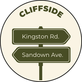 Cliffside road sign with Kingston Rd. and Sandown Ave. on dark green directional arrows