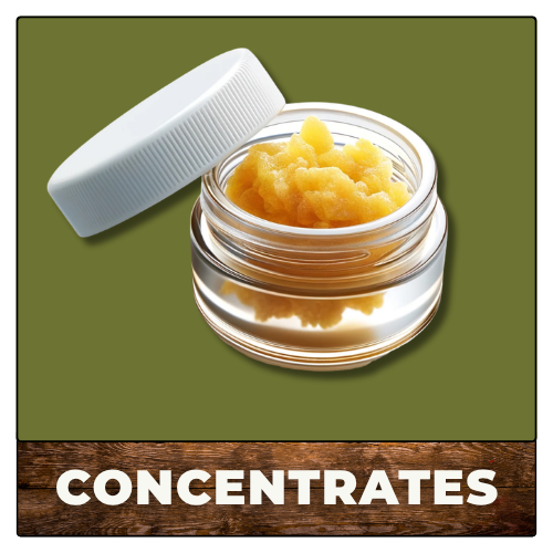 Glass jar of yellow cannabis concentrate with lid, labeled “CONCENTRATES” on an olive background.