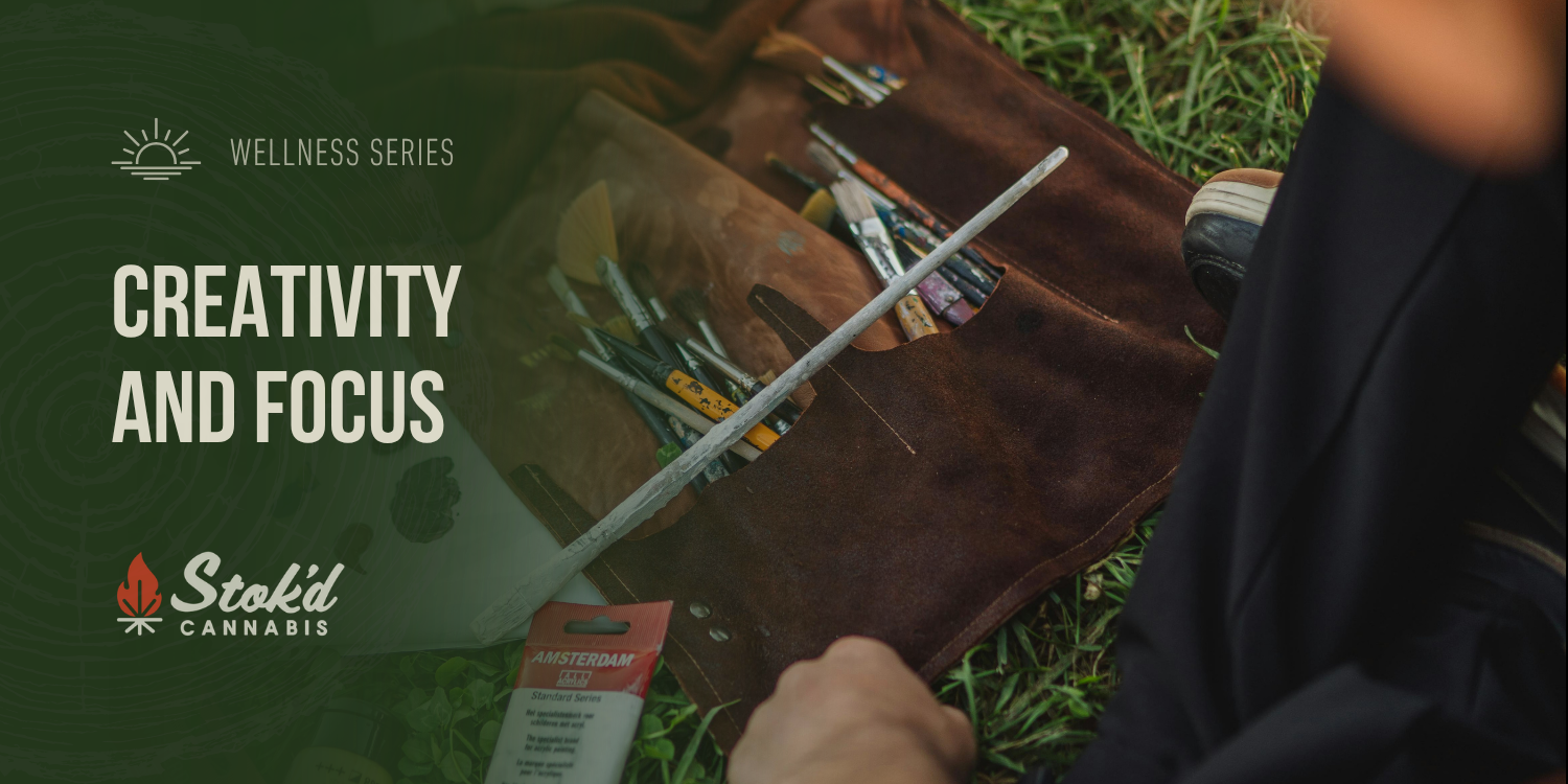 Artist paintbrushes in a leather roll on grass for Stok'd microdosing cannabis guide for focus