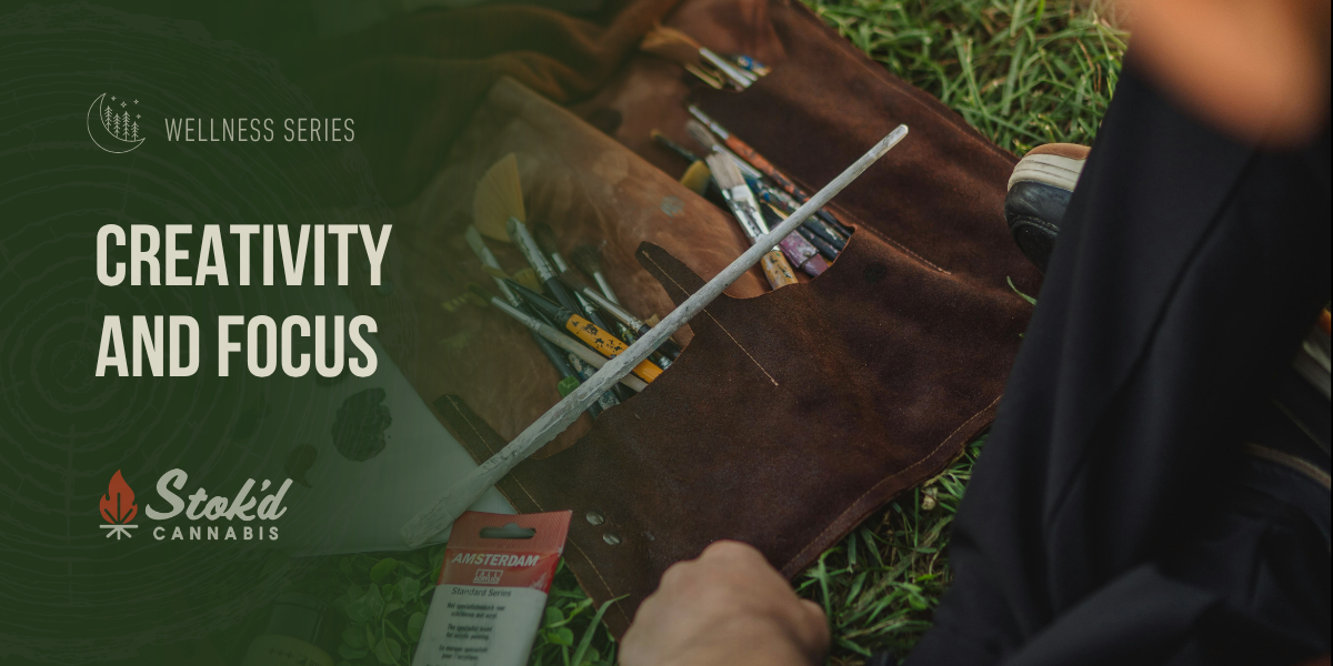 Paintbrushes in a leather roll on grass, Stok'd Wellness Series: terpenes for focus and creativity