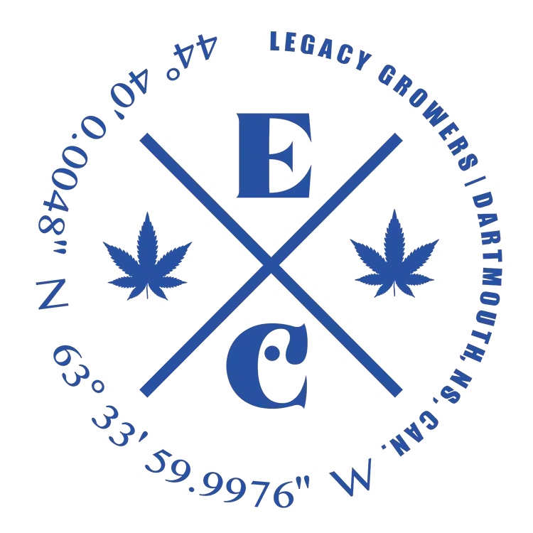 Blue circular cannabis-style logo with crossed lines, E and C letters, leaves, and the text “Legacy Growers” “Dartmouth, MA”