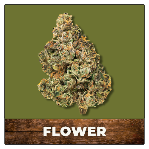 Cannabis flower bud on olive green background with wood-textured label reading “FLOWER”