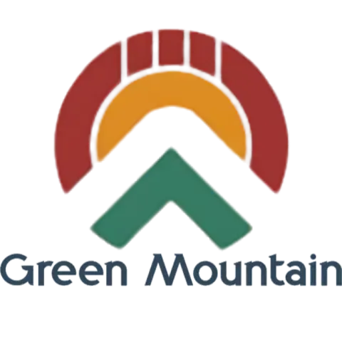 Green Mountain logo with maroon, orange, and green mountain emblem on white background