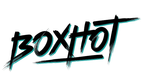 Stylized black “BOXHOT” text with teal and pink shadow effect on a white background