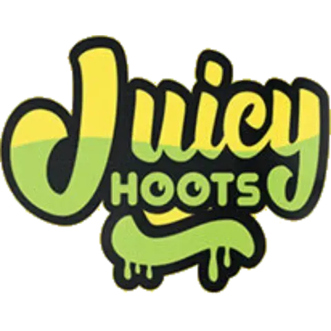 Juicy Hoots logo in lime green and yellow with stylized dripping lettering and a burger shape underneath