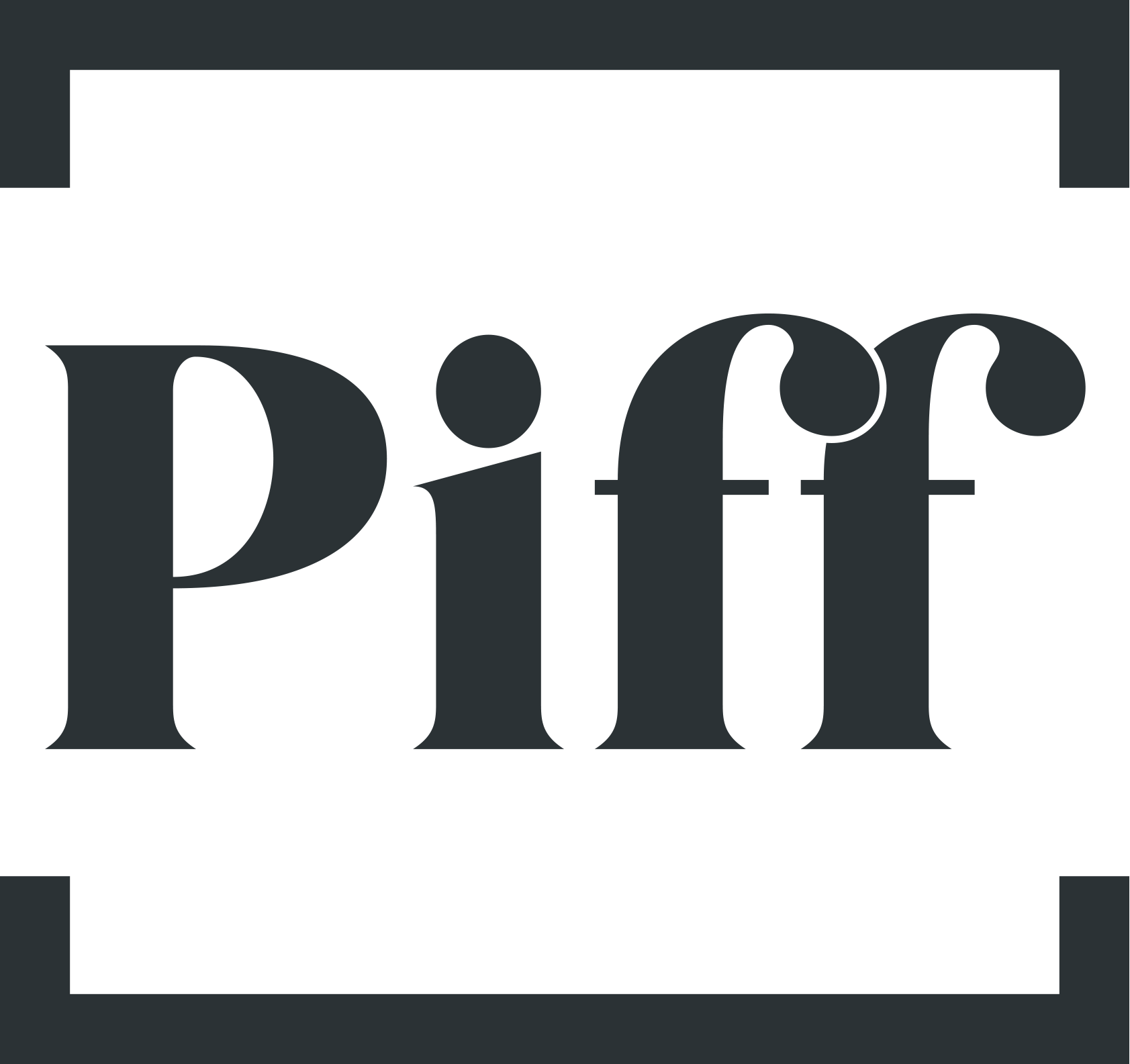 Stylized black “Piff” logo on a white background with dark corner accents