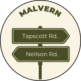 Malvern road sign with directional arrows for Tapscott Rd. and Neilson Rd.
