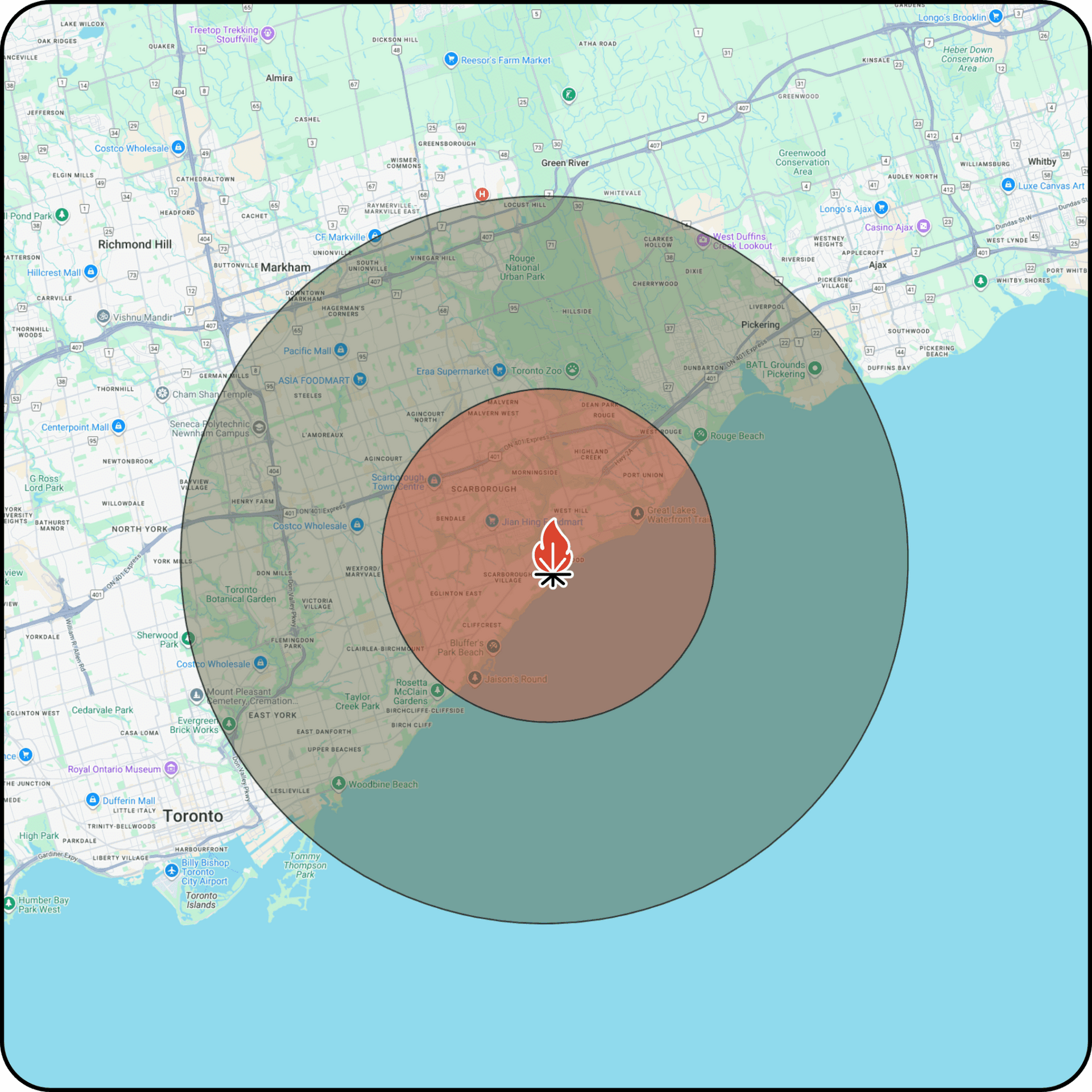 Map with red and green concentric coverage circles centered on a coastal location marker.