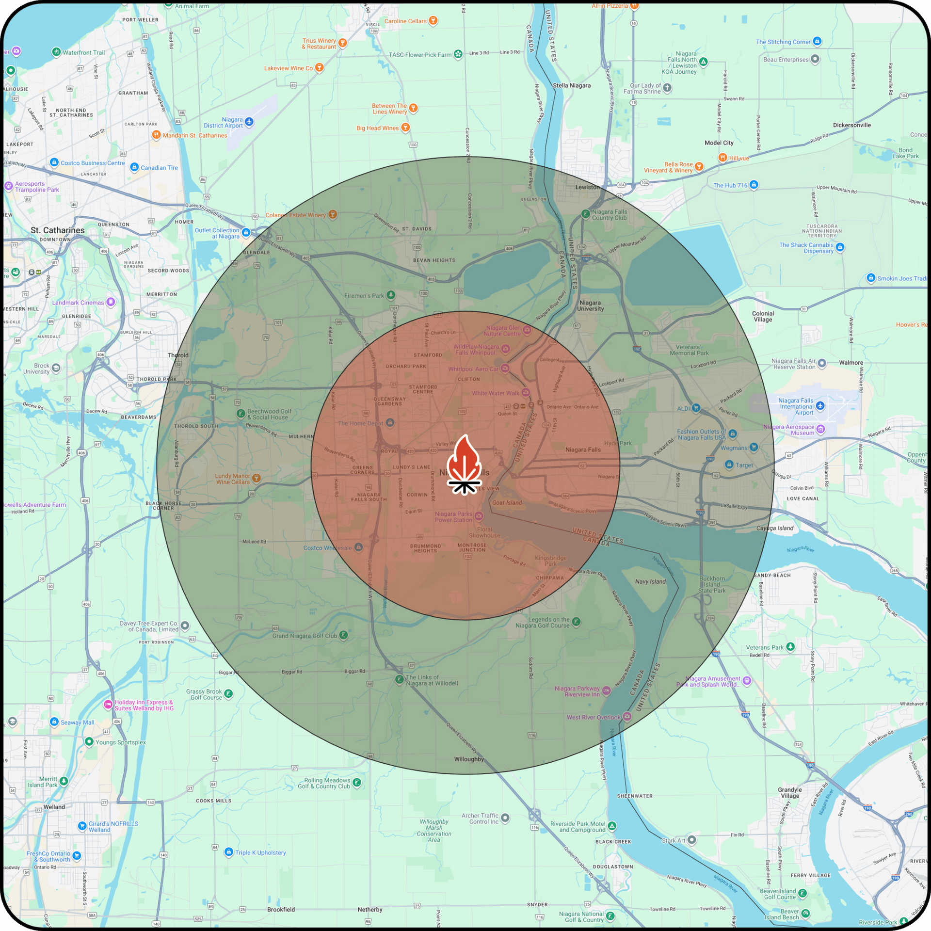 Map with two concentric shaded circles centered on a red marker near a river city.
