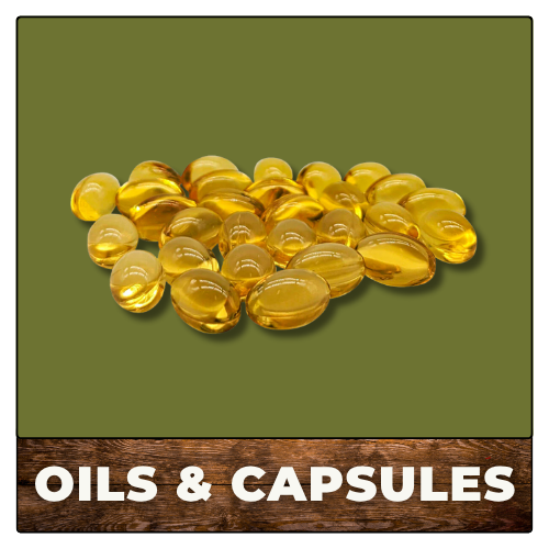 Yellow oil capsules on an olive background with the label “OILS & CAPSULES”