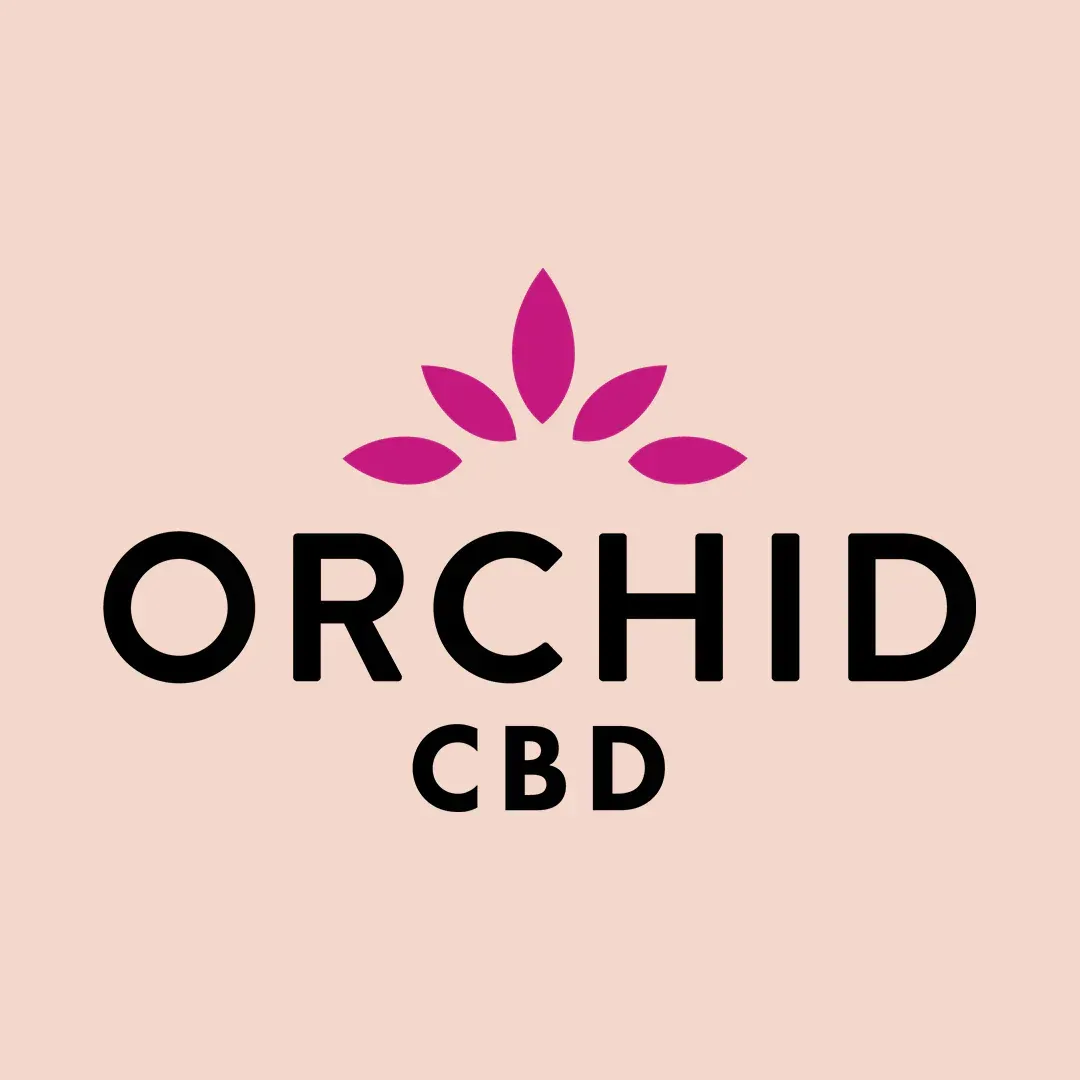 ORCHID CBD logo with black text and a pink orchid icon on a pale peach background