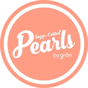 Pink circular “Sugar-Coated Pearls by grön” logo with white text and border