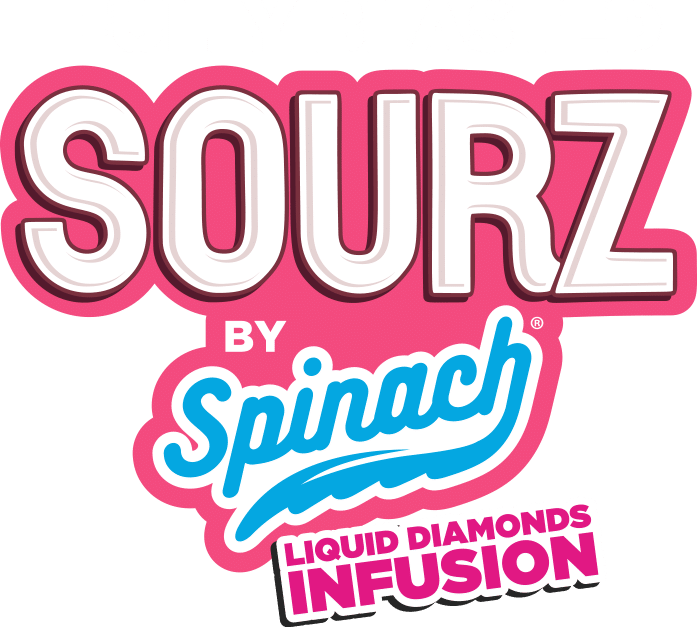 Sourz by Spinach Liquid Diamonds Infusion logo in pink, white, blue, and magenta