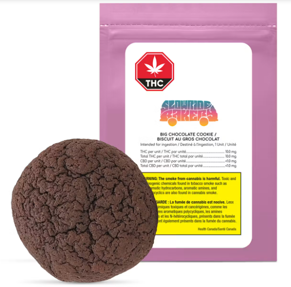 Chocolate cookie-shaped THC edible in a pink package with warning label