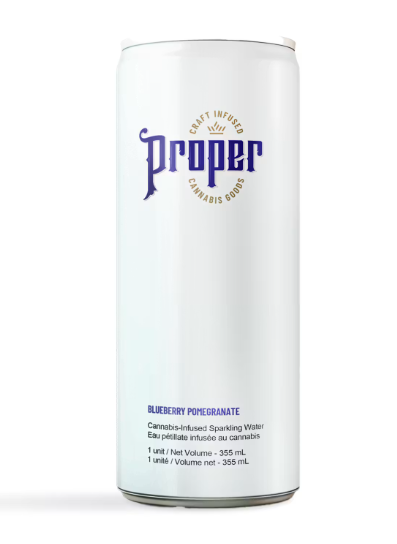 White Proper-branded beverage can with blue lettering on a plain background