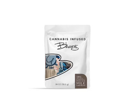Cannabis-infused brownies bag with milk chocolate label on a white background