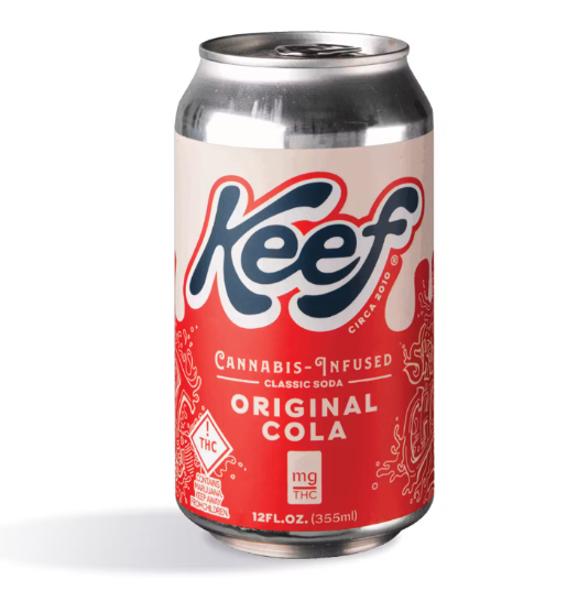 Keef Original Cola cannabis-infused beverage can with red label on white background