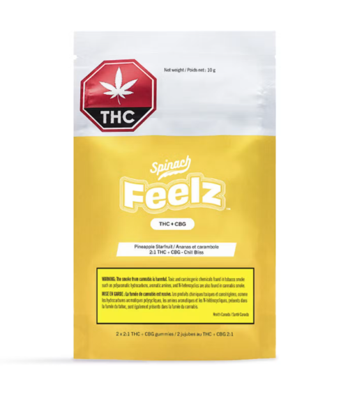 Yellow and white THC Feelz cannabis pouch with red leaf logo and product label