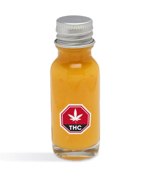 Small glass bottle of orange liquid with silver cap and THC cannabis label