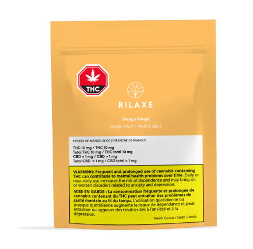 Orange THC RILAXE cannabis pouch with red maple-leaf logo and yellow warning label
