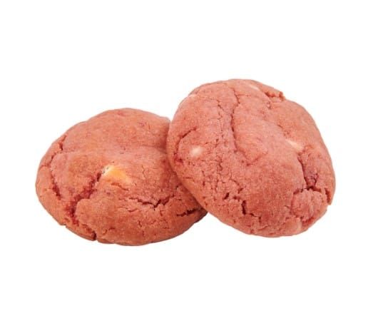 Two pink cookies with cracked tops on a white background