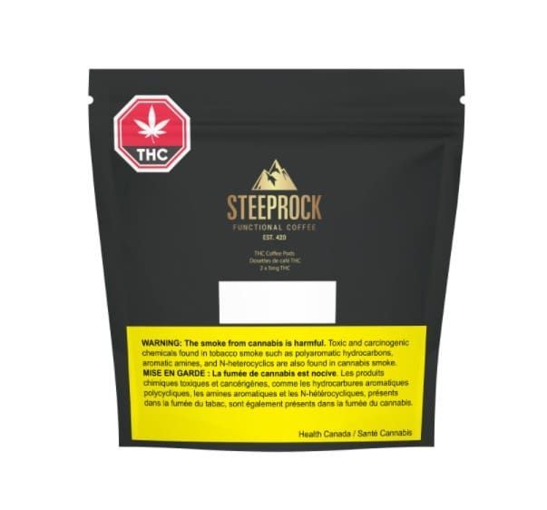 Black THC cannabis pouch with yellow warning label and SteepRock logo