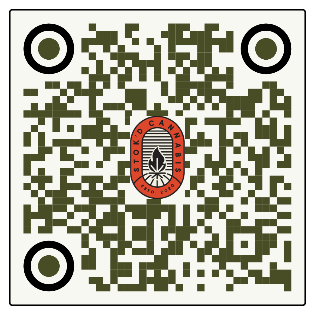 QR code with a red oval center emblem and black corner markers on a light background