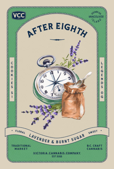 After Eight mint tin with lavender, burnt sugar, and tea-themed artwork on a green background