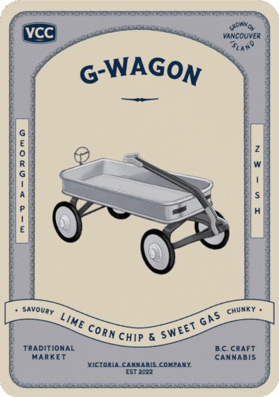 Vintage beige label with a gray wagon illustration and the text “G-WAGON” and “Korner.”