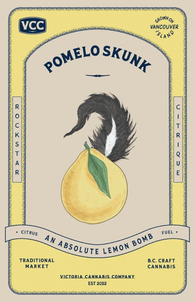 Vintage yellow label with a black skunk over a lemon, titled “Pomelo Skunk.”