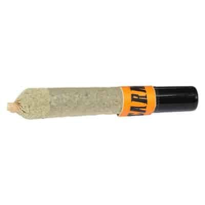 Small rolled cigarette or joint with a black tip and orange label on a white background