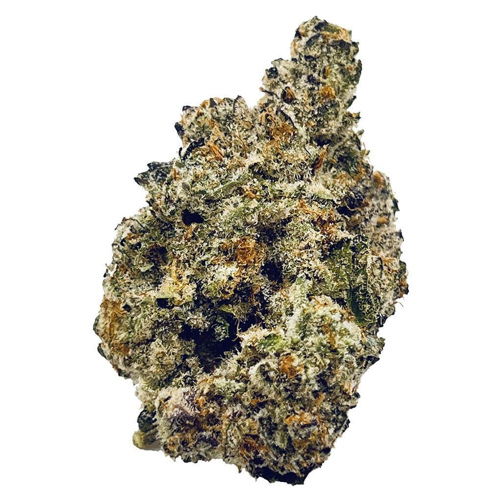 Small dense cannabis bud with green, purple, and orange flecks on a white background