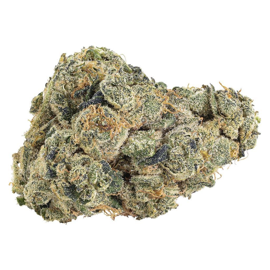 Close-up of a cannabis bud with frosty green and orange trichomes on a white background