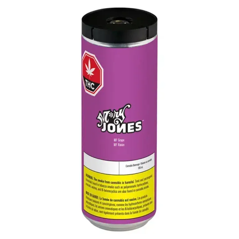 Purple cannabis vape pen container with black cap and yellow warning label, branded “A Little Jones”