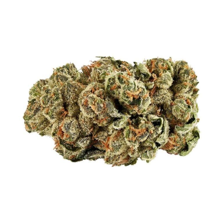 Close-up of a green cannabis bud with orange hairs on a white background