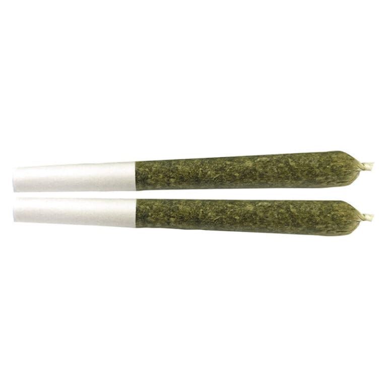 Two green pre-rolled joints with white paper tips on a white background