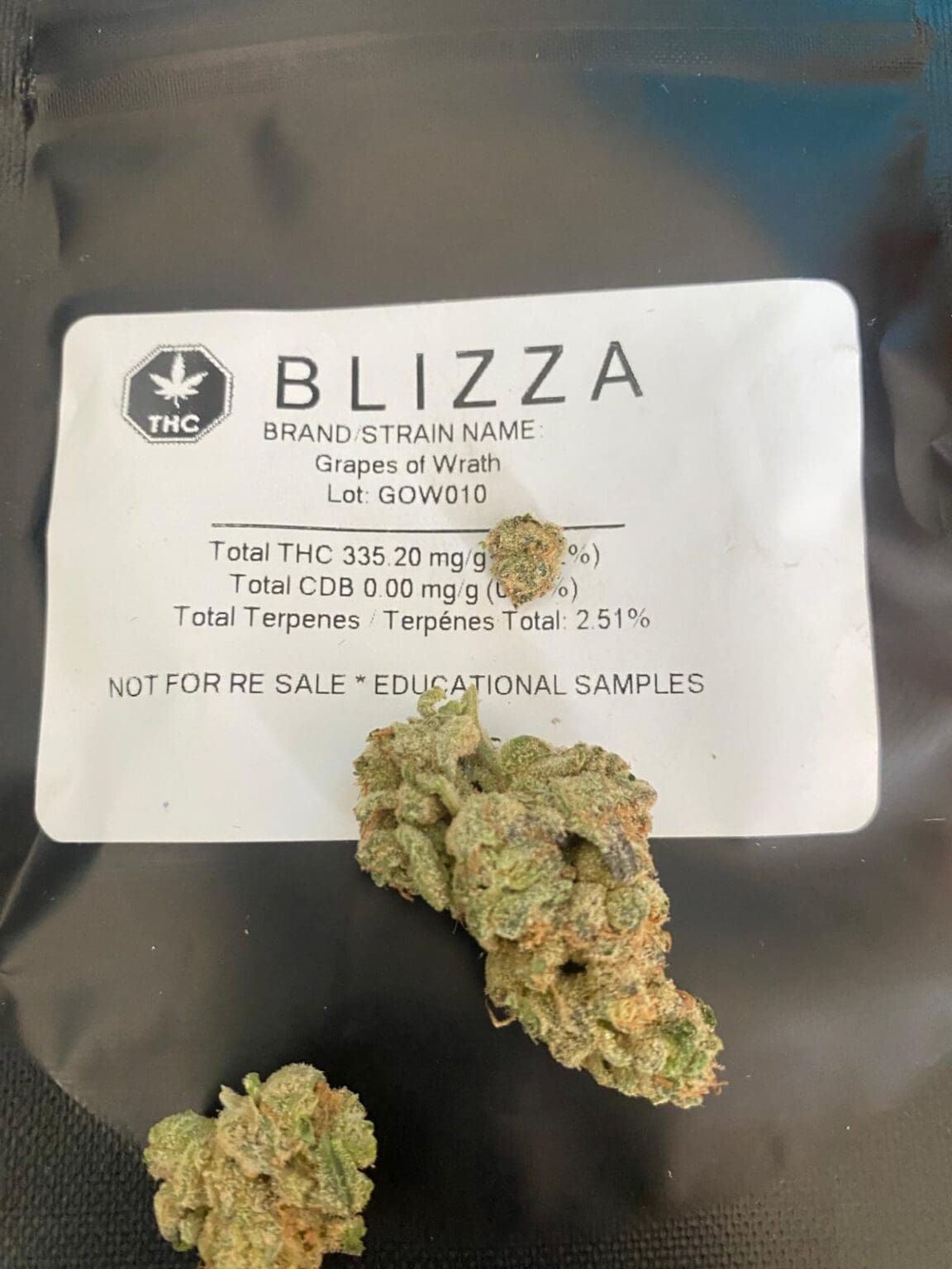 Cannabis buds on a Blizza label, with “not for sale” text visible.