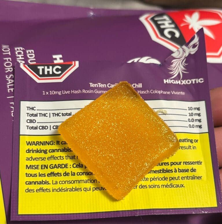 Purple THC cannabis package with a square orange gummy on top