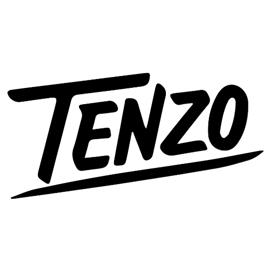 Black stylized “TENZO” wordmark with diagonal top and bottom lines on a white background