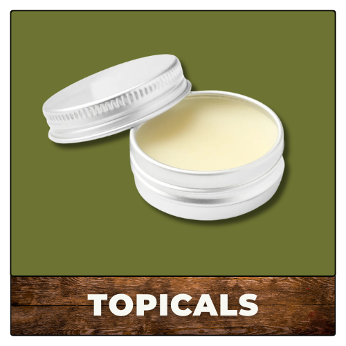Open jar of pale cream labeled “TOPICALS” on green background