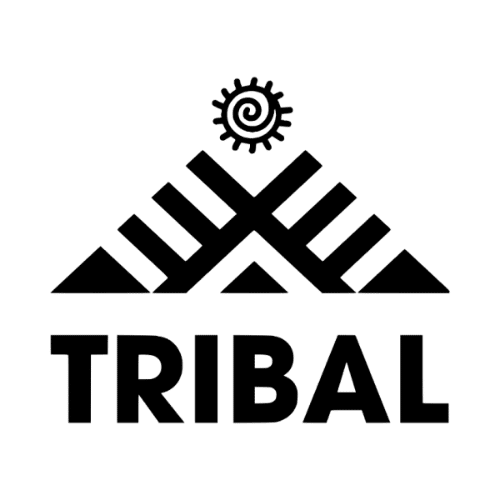 Black tribal-style logo with geometric mountain shape, small sun icon above, and the word “TRIBAL” below.