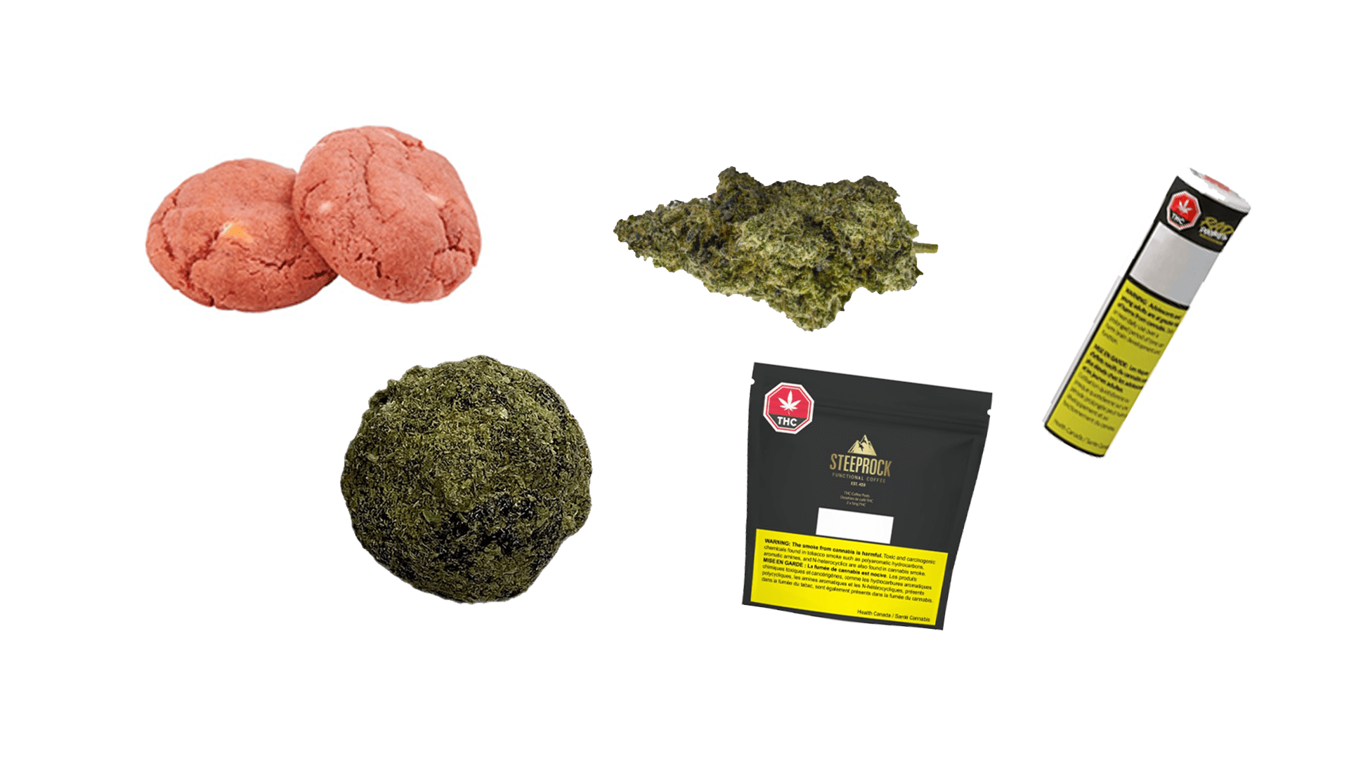 Three cannabis products: red buds, green bud, packaged product, and a rolled joint on white background