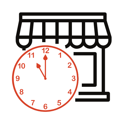 Storefront icon over a red analog clock showing about 11:00