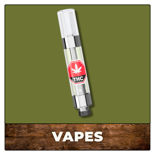 THC vape pen on olive background with “VAPES” label below