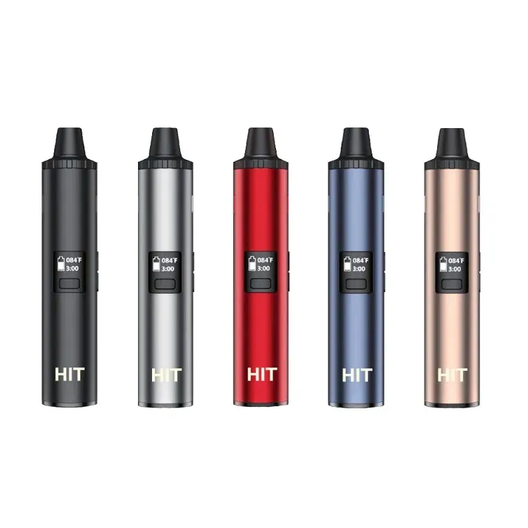 Five HIT cannabis vape pens in black, silver, red, blue, and rose gold, displayed side by side on white background