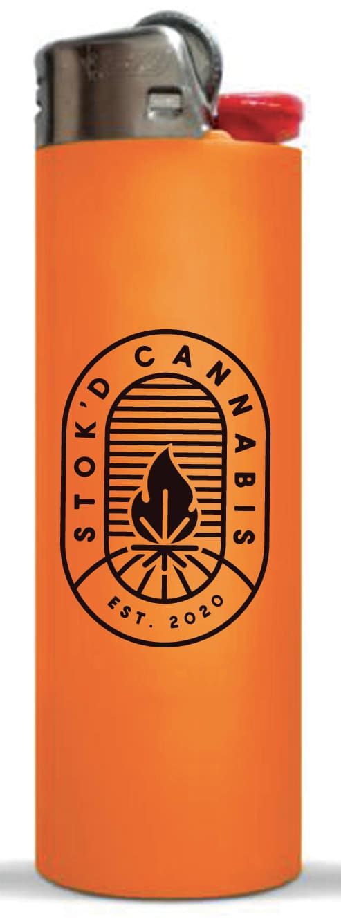 Orange cannabis lighter with a black Stok'd logo and silver top, shown upright on white background