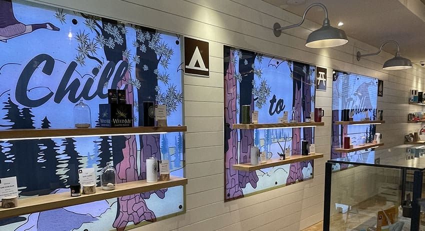 Cafe wall with three illuminated mural panels and hanging pendant lights, showing a cozy modern interior