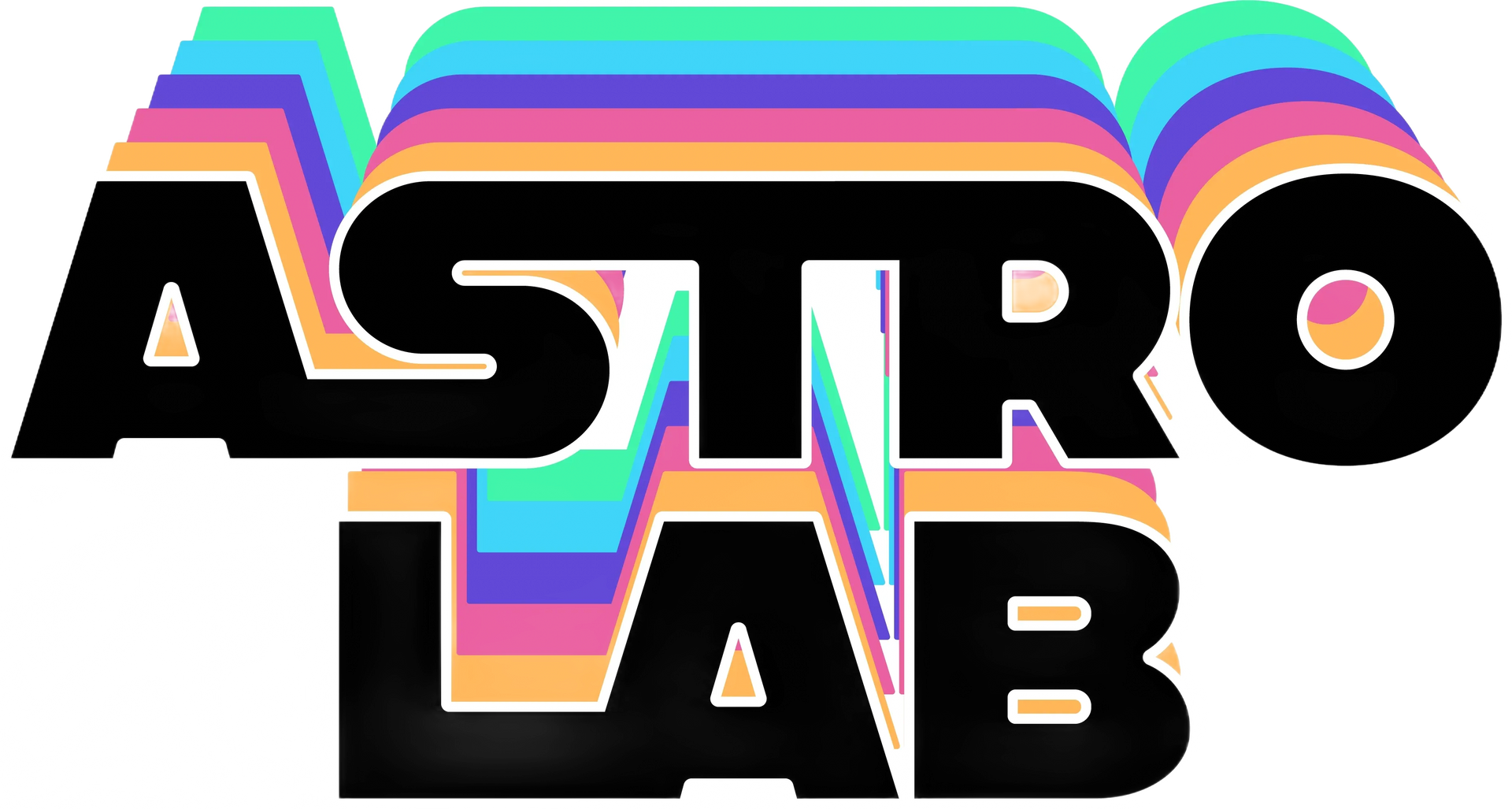 Retro rainbow-striped “Astro Lab” logo in bold black letters on a white background