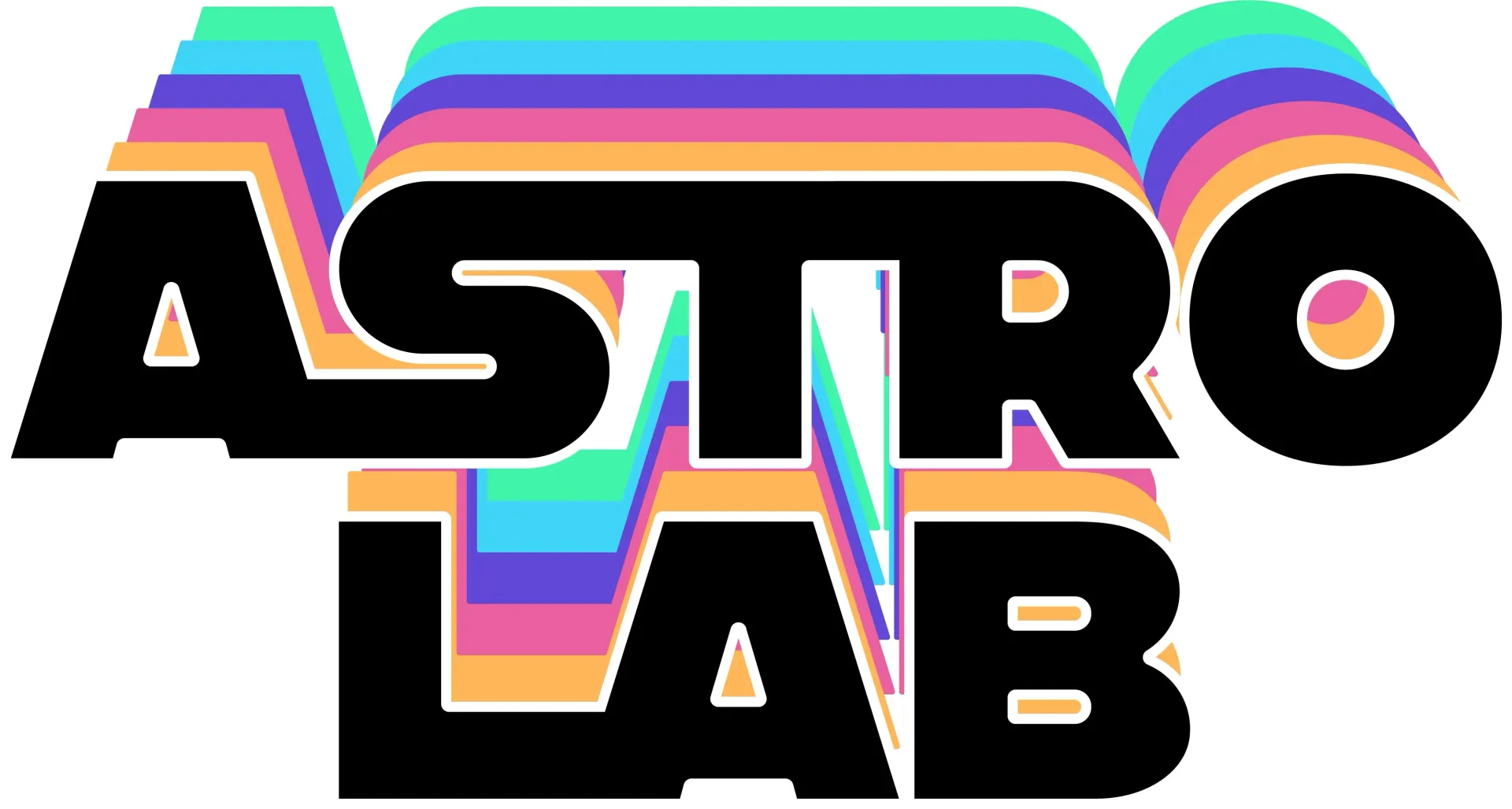 ASTRO LAB logo in bold black letters with a rainbow-striped outline on white background