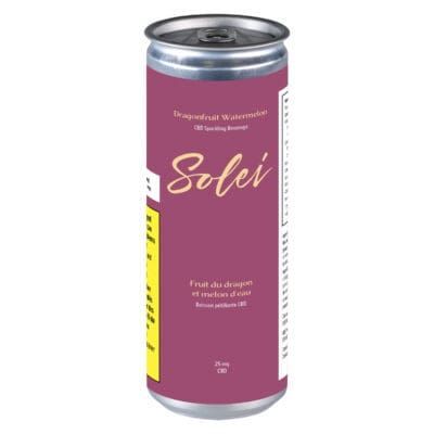 Pink Soleil beverage can with silver top, standing upright on a white background